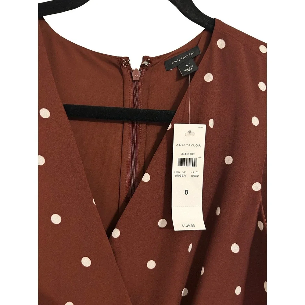 Ann Taylor Polka Dot‎ Wrap Midi Dress Rust Brown White Sleeveless Size 8 NWT